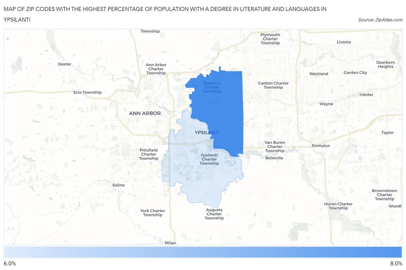 Zip Codes with the Highest Percentage of Population with a Degree in Literature and Languages in Ypsilanti Map