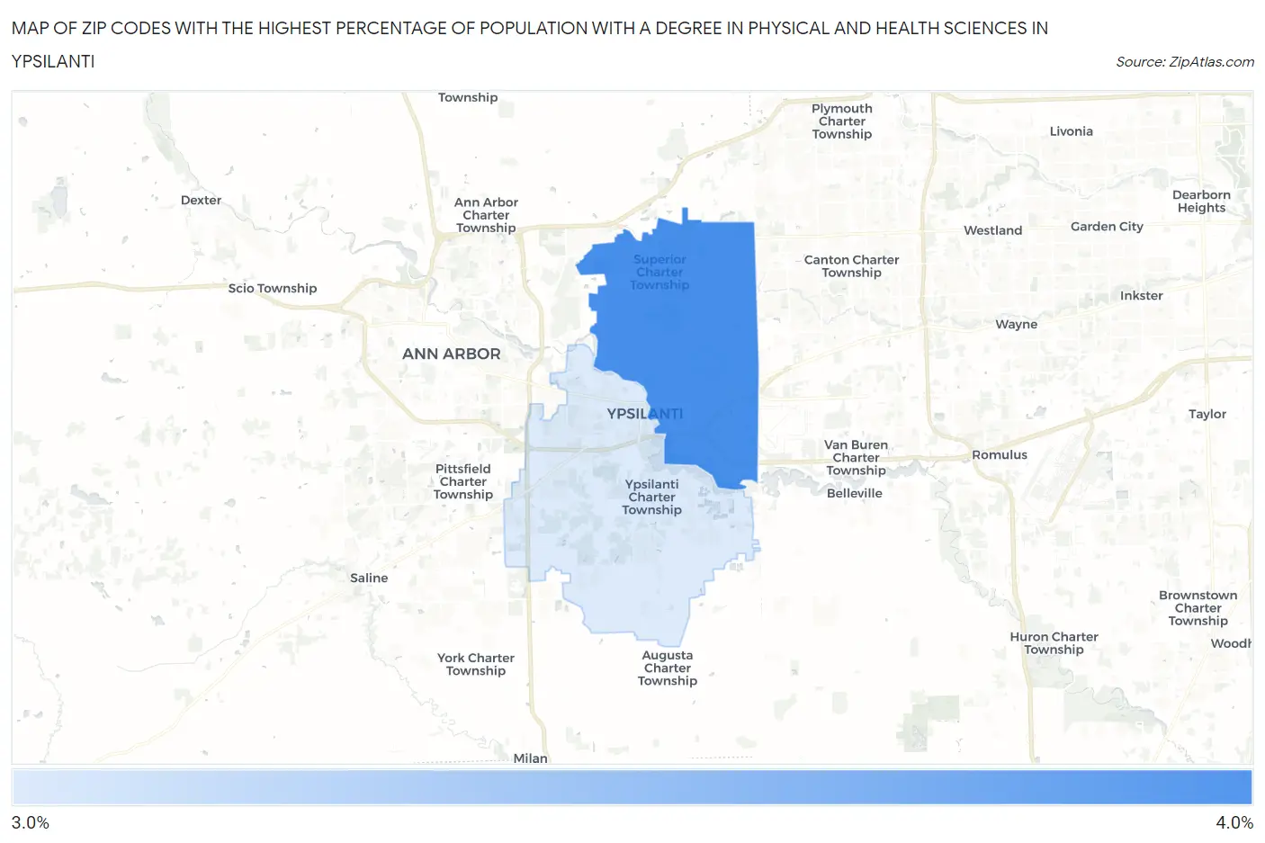 Zip Codes with the Highest Percentage of Population with a Degree in Physical and Health Sciences in Ypsilanti Map