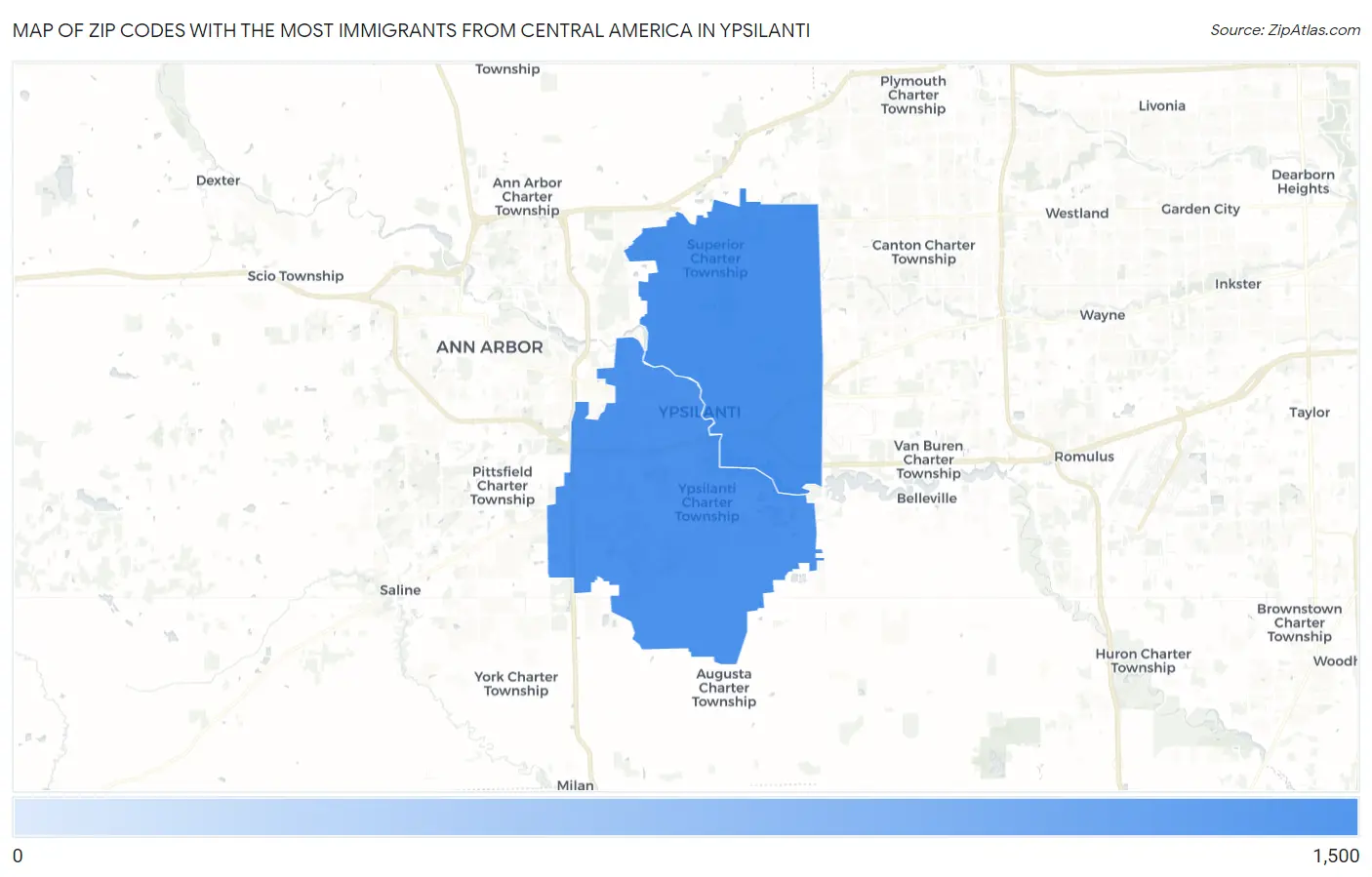 Zip Codes with the Most Immigrants from Central America in Ypsilanti Map