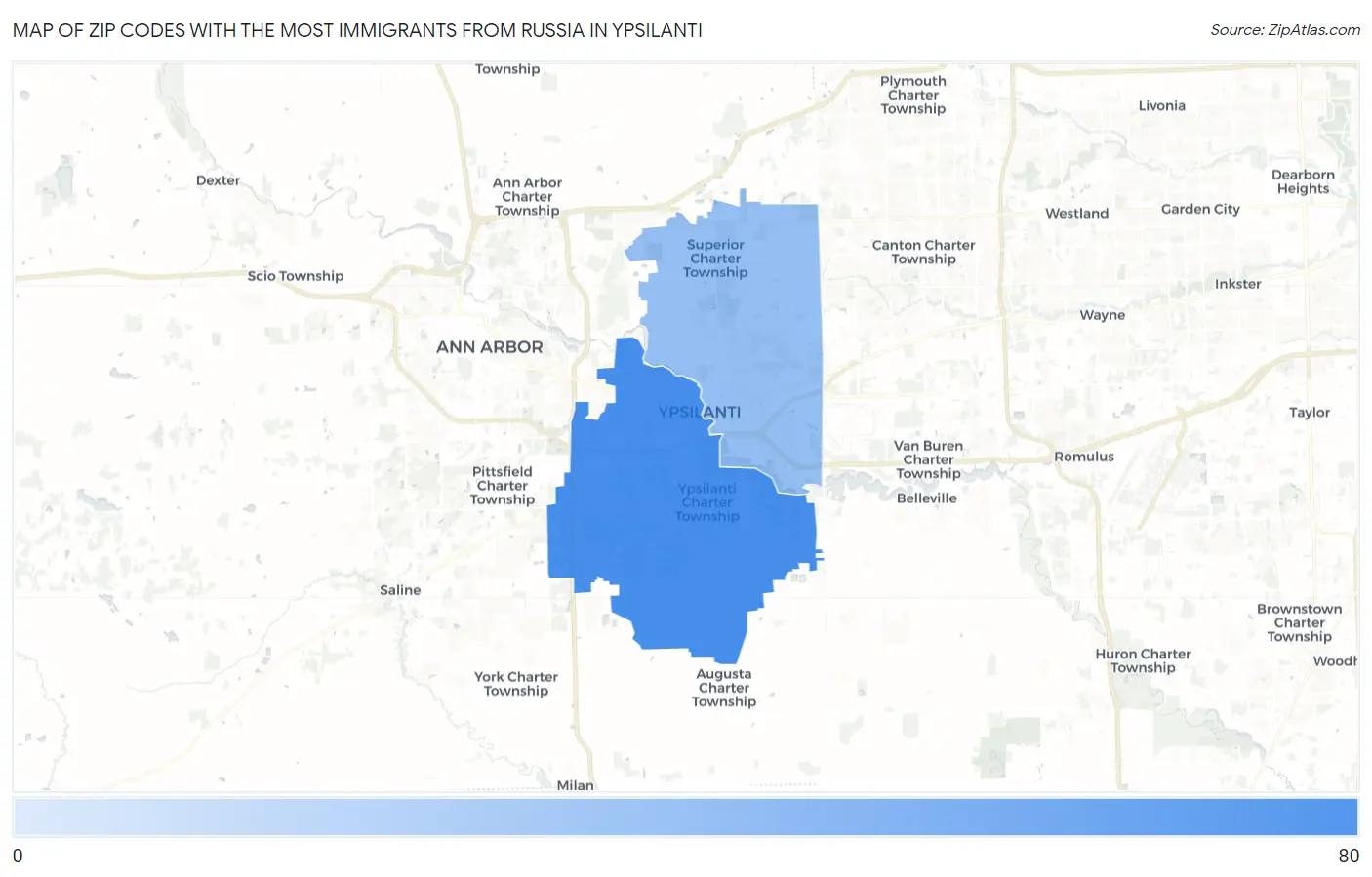 Zip Codes with the Most Immigrants from Russia in Ypsilanti Map