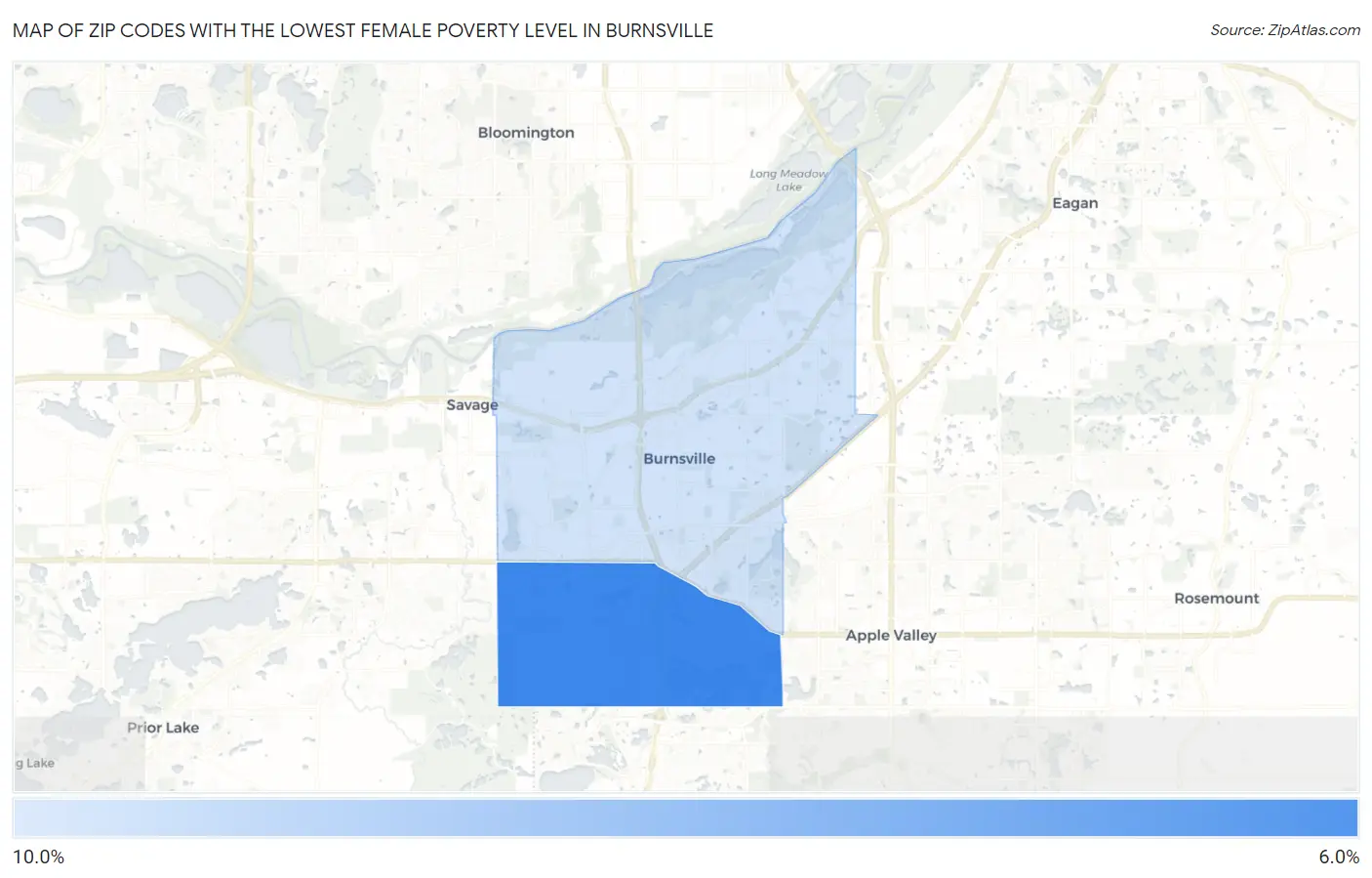 Zip Codes with the Lowest Female Poverty Level in Burnsville Map