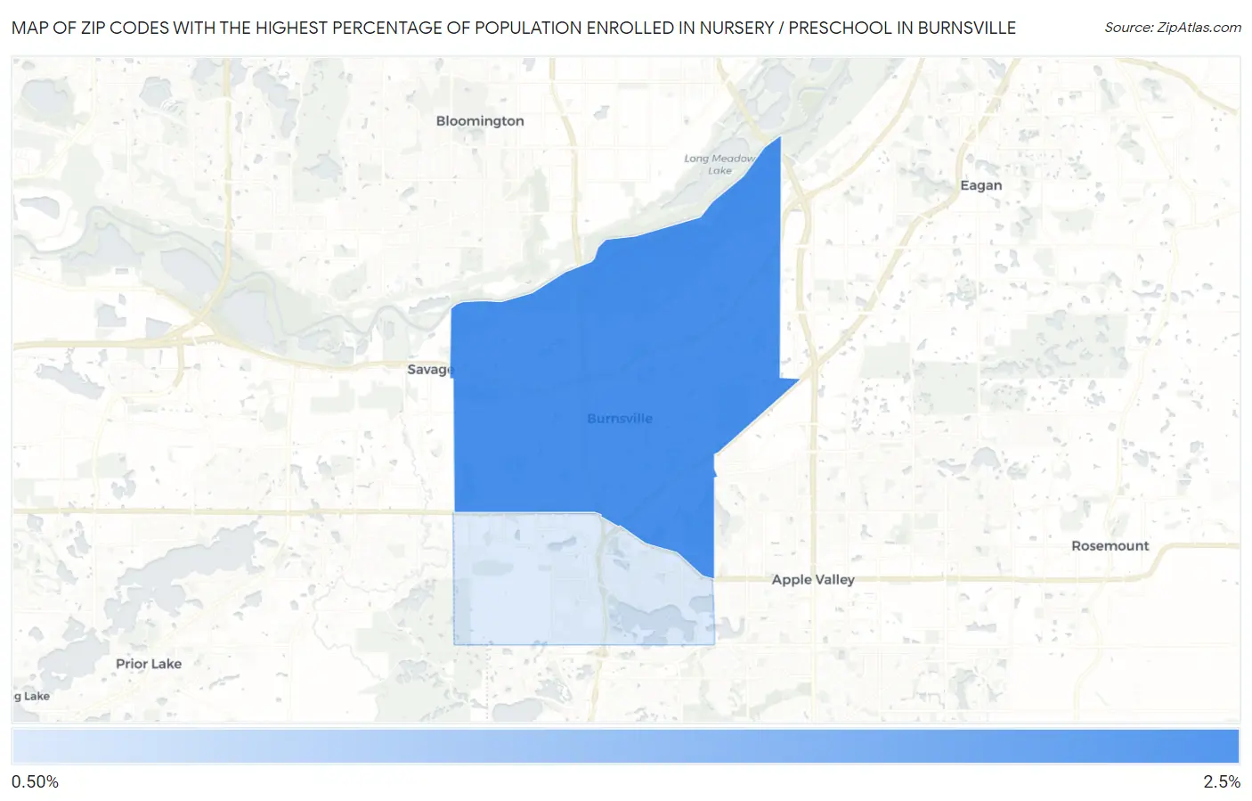 Zip Codes with the Highest Percentage of Population Enrolled in Nursery / Preschool in Burnsville Map