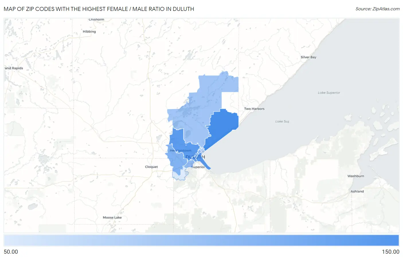 Zip Codes with the Highest Female / Male Ratio in Duluth Map