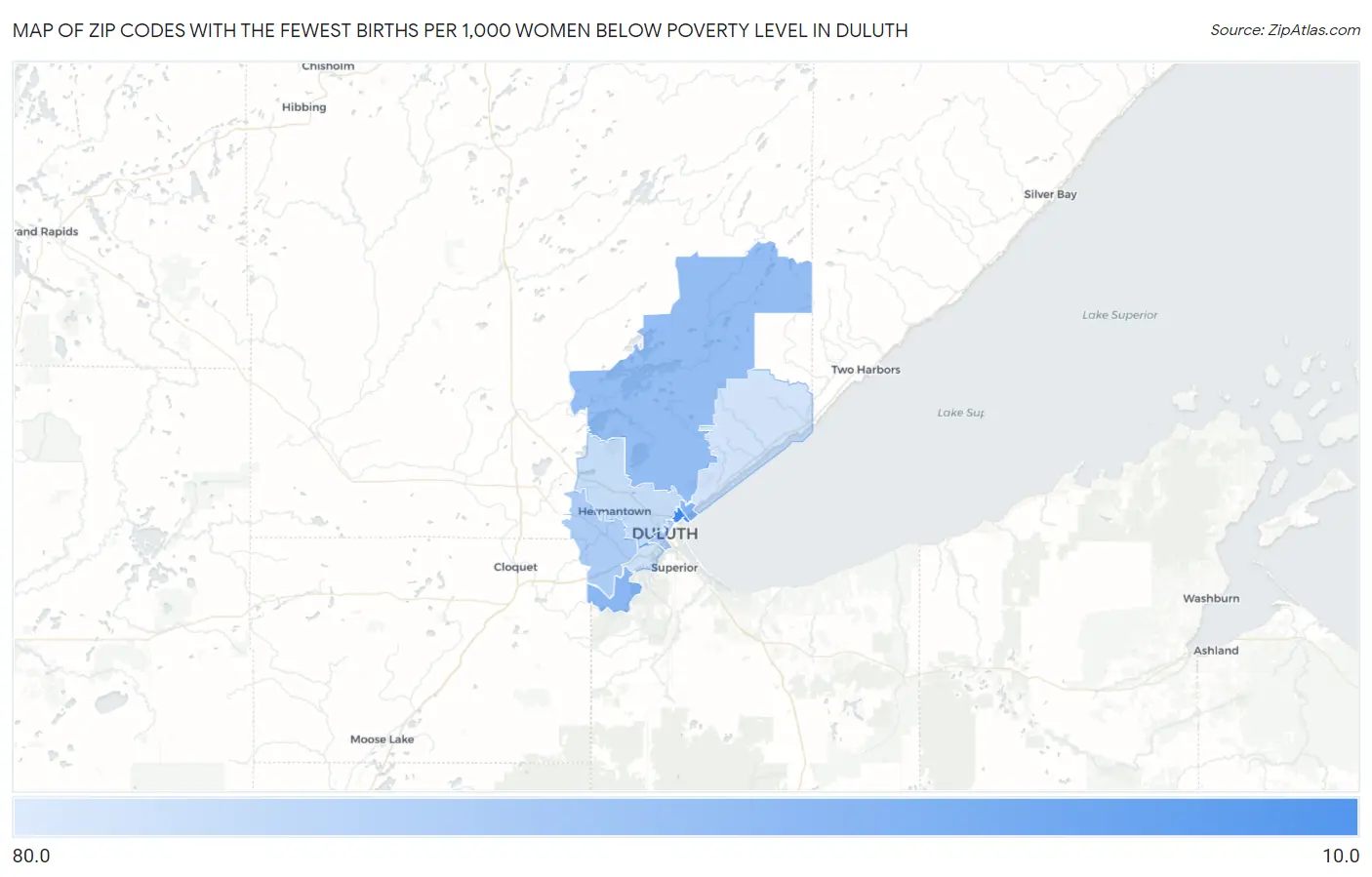 Zip Codes with the Fewest Births per 1,000 Women Below Poverty Level in Duluth Map