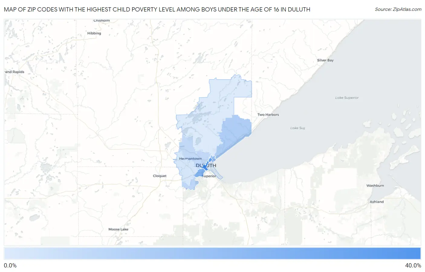 Zip Codes with the Highest Child Poverty Level Among Boys Under the Age of 16 in Duluth Map