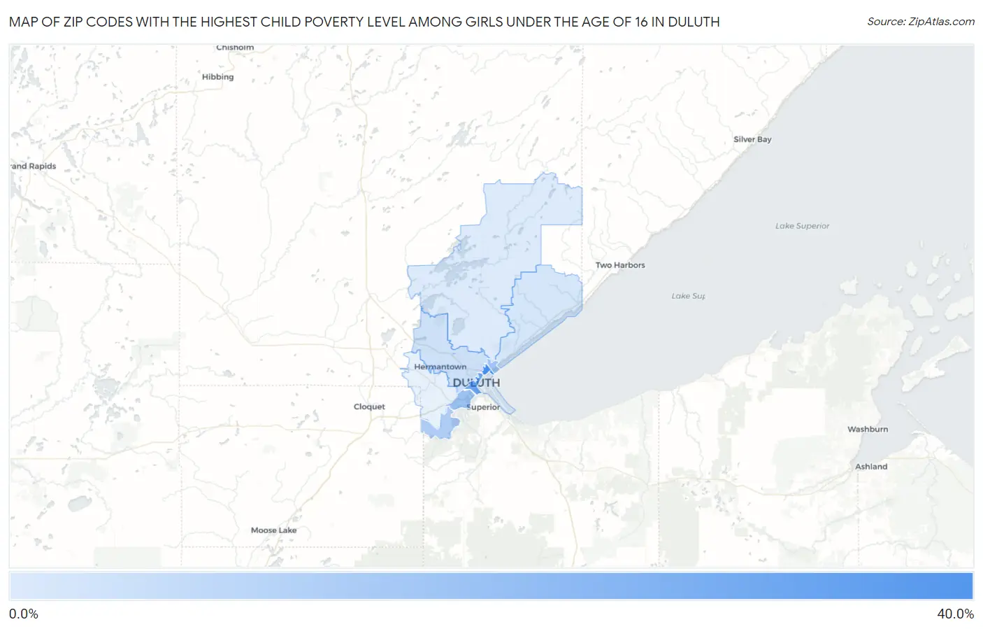 Zip Codes with the Highest Child Poverty Level Among Girls Under the Age of 16 in Duluth Map