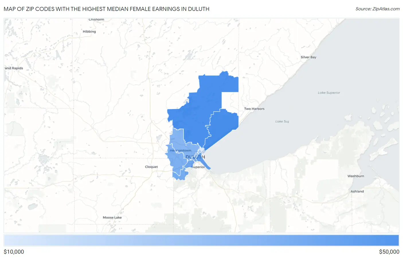 Zip Codes with the Highest Median Female Earnings in Duluth Map