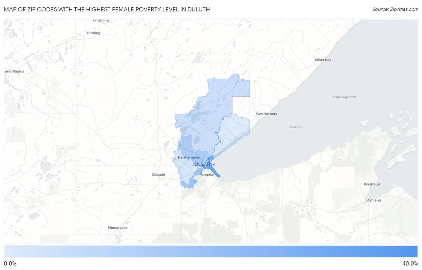 Zip Codes with the Highest Female Poverty Level in Duluth Map