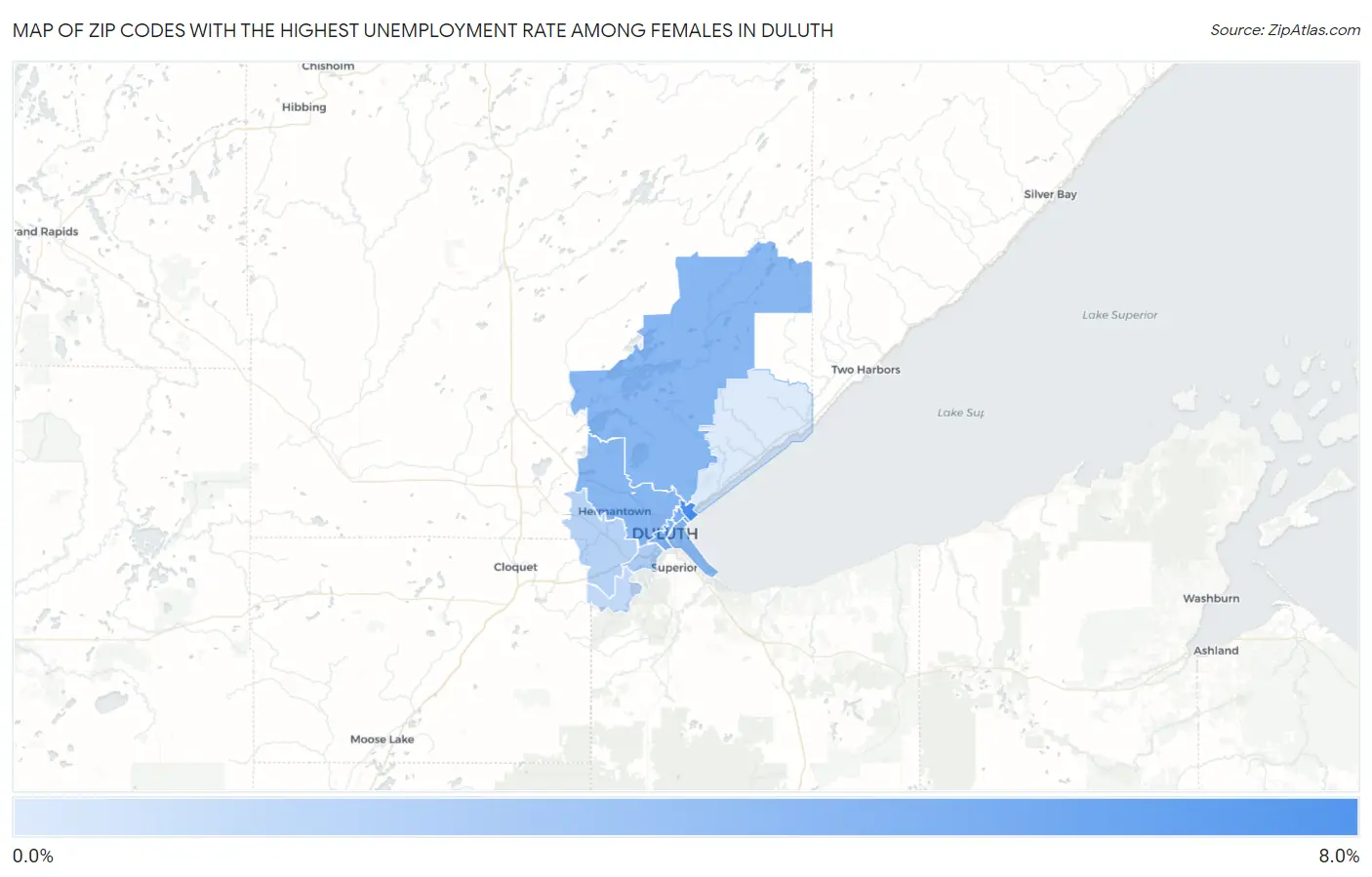 Zip Codes with the Highest Unemployment Rate Among Females in Duluth Map