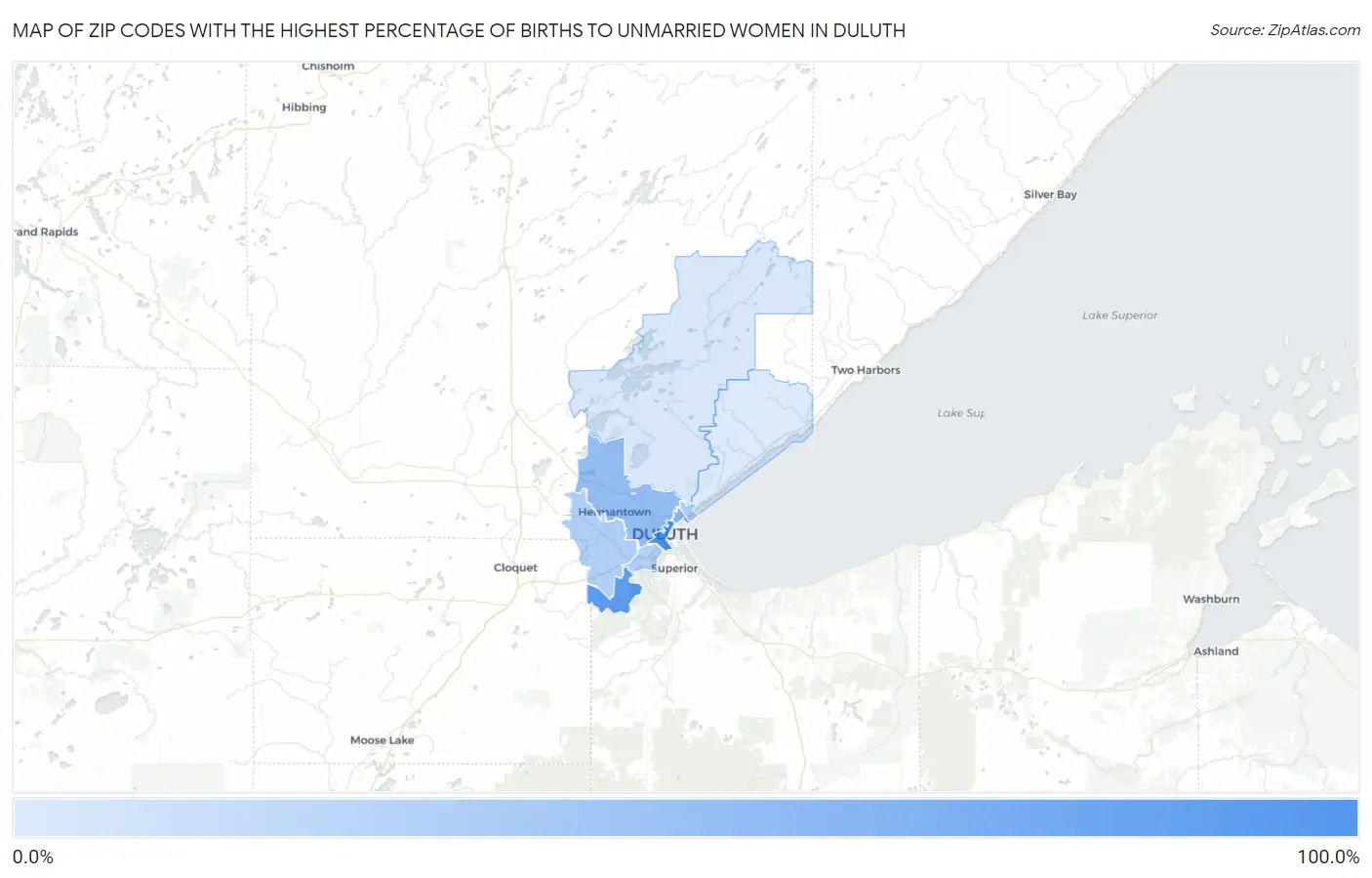 Zip Codes with the Highest Percentage of Births to Unmarried Women in Duluth Map