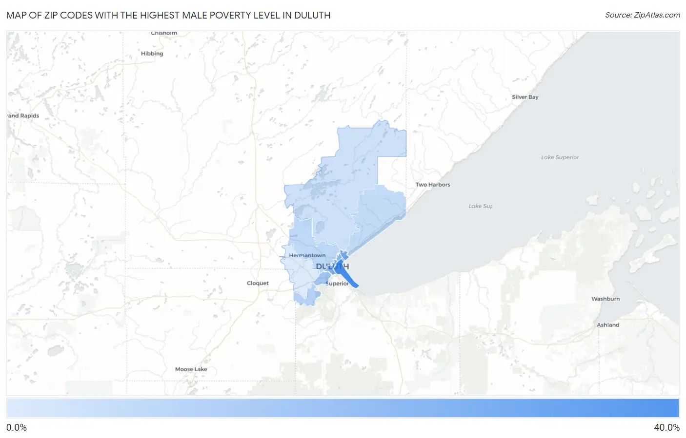 Zip Codes with the Highest Male Poverty Level in Duluth Map
