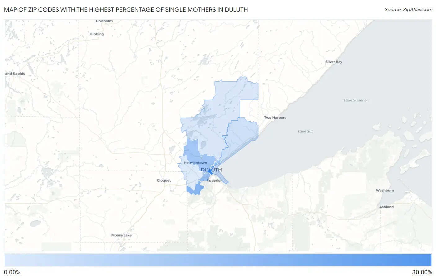 Zip Codes with the Highest Percentage of Single Mothers in Duluth Map