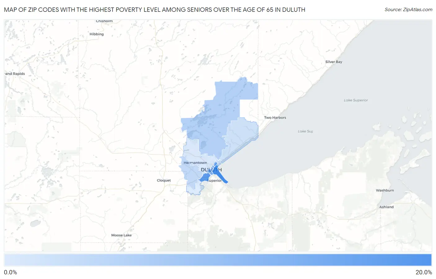 Zip Codes with the Highest Poverty Level Among Seniors Over the Age of 65 in Duluth Map