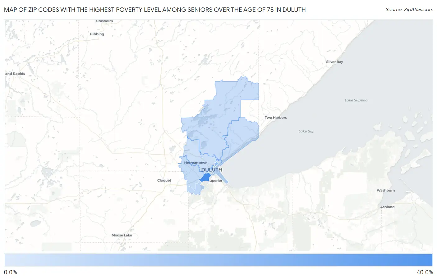 Zip Codes with the Highest Poverty Level Among Seniors Over the Age of 75 in Duluth Map