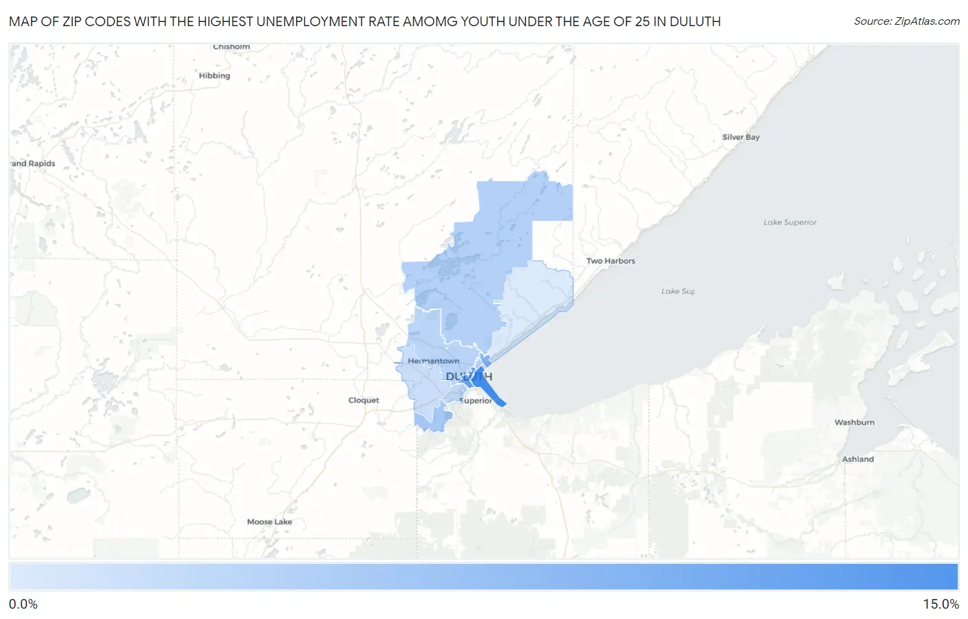 Zip Codes with the Highest Unemployment Rate Amomg Youth Under the Age of 25 in Duluth Map