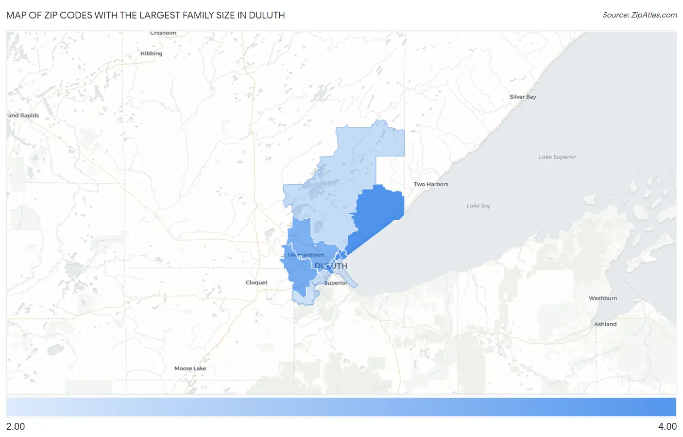 Zip Codes with the Largest Family Size in Duluth Map