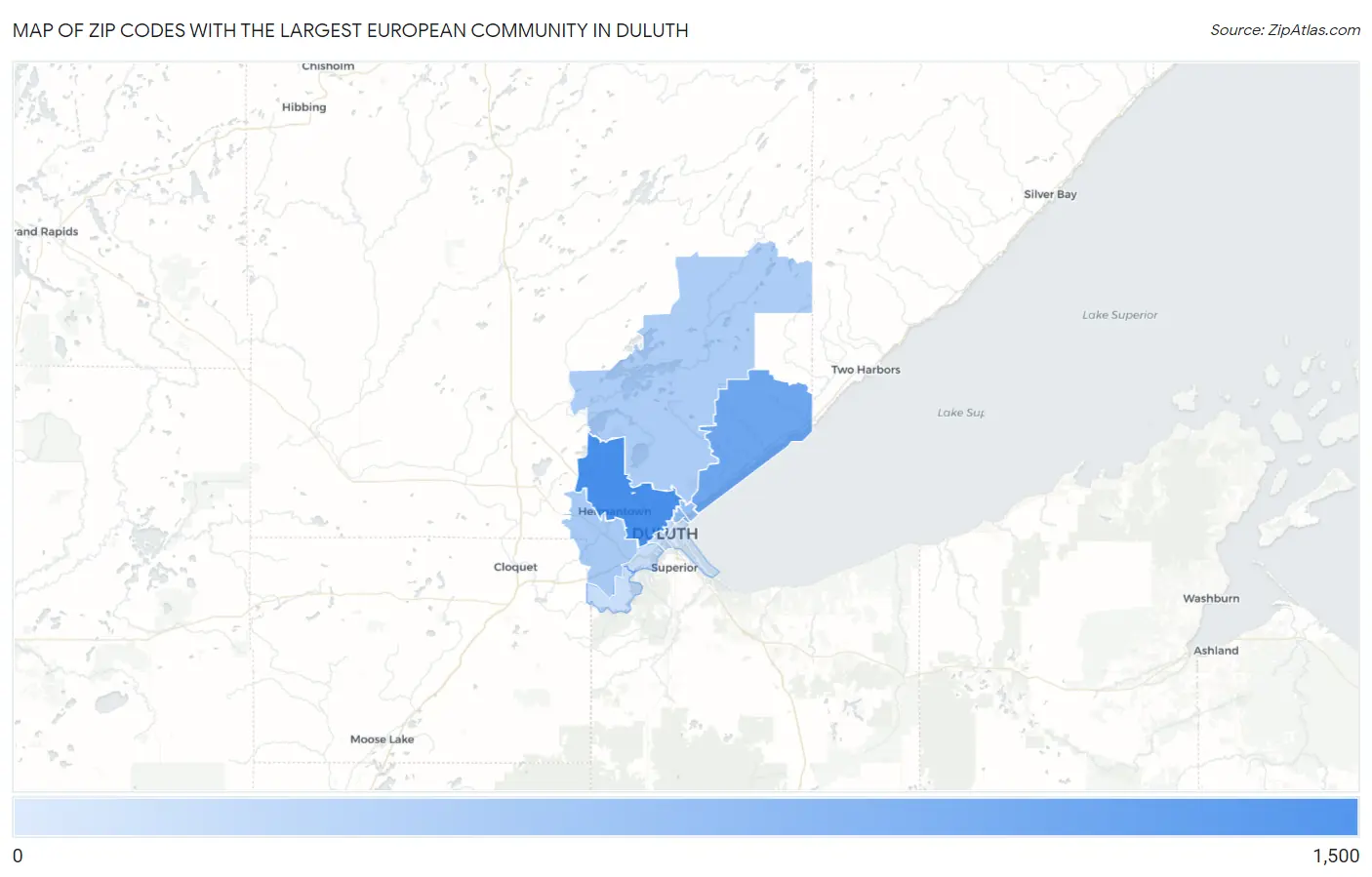 Zip Codes with the Largest European Community in Duluth Map