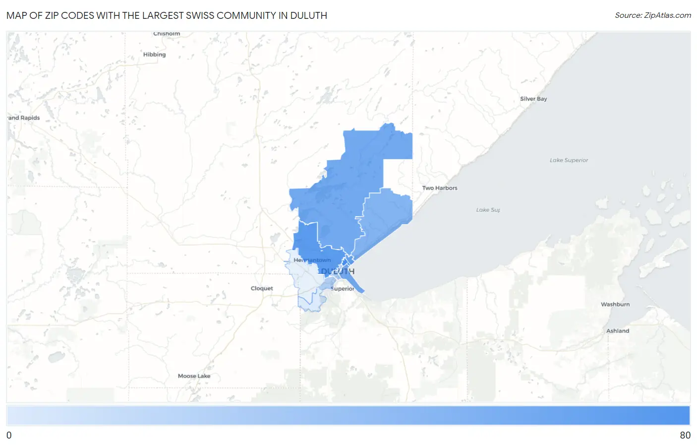 Zip Codes with the Largest Swiss Community in Duluth Map