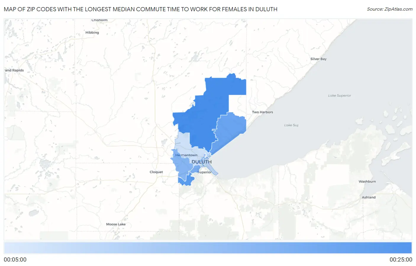 Zip Codes with the Longest Median Commute Time to Work for Females in Duluth Map