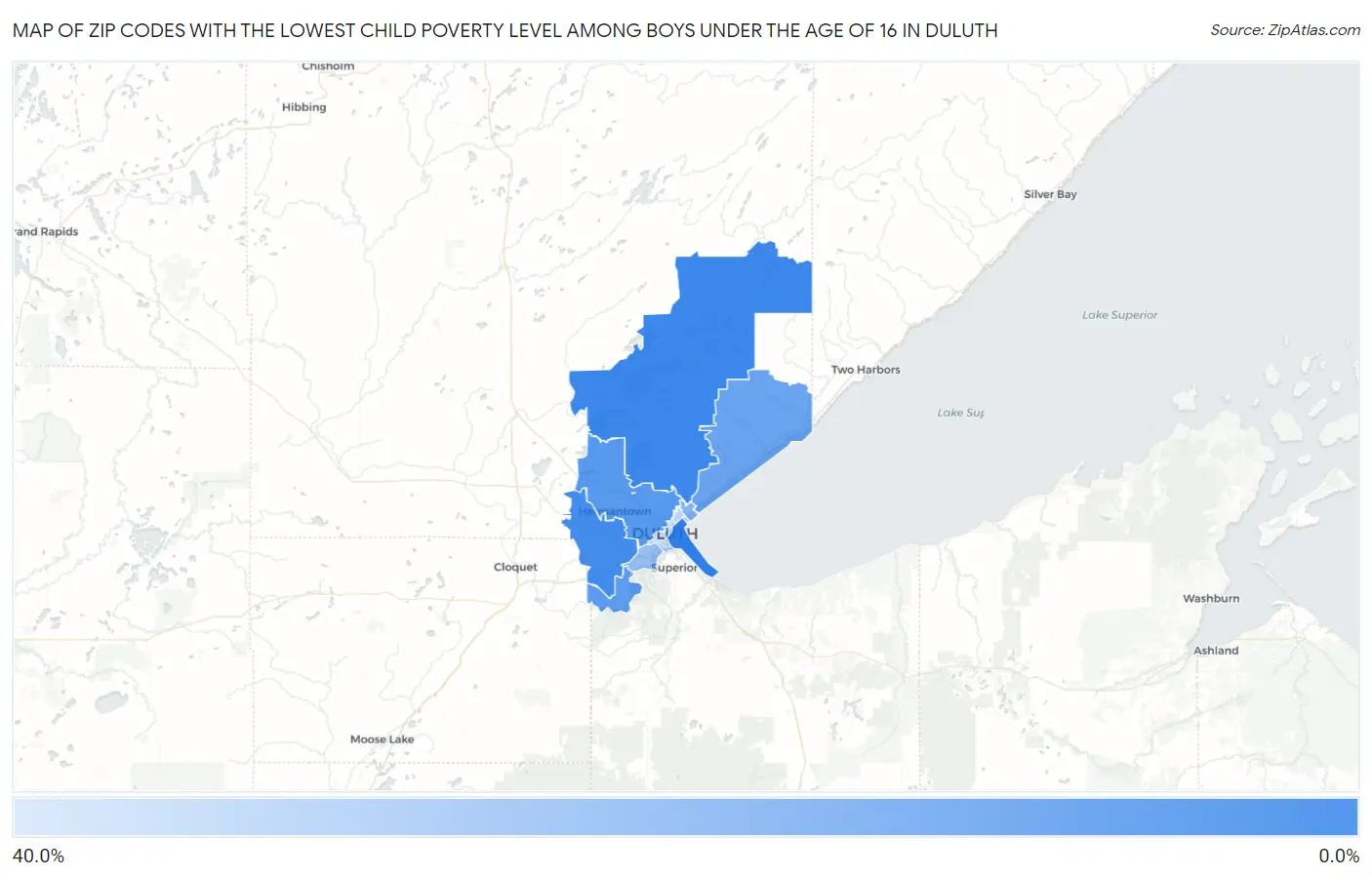 Zip Codes with the Lowest Child Poverty Level Among Boys Under the Age of 16 in Duluth Map