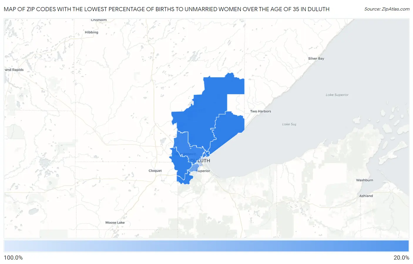 Zip Codes with the Lowest Percentage of Births to Unmarried Women over the Age of 35 in Duluth Map