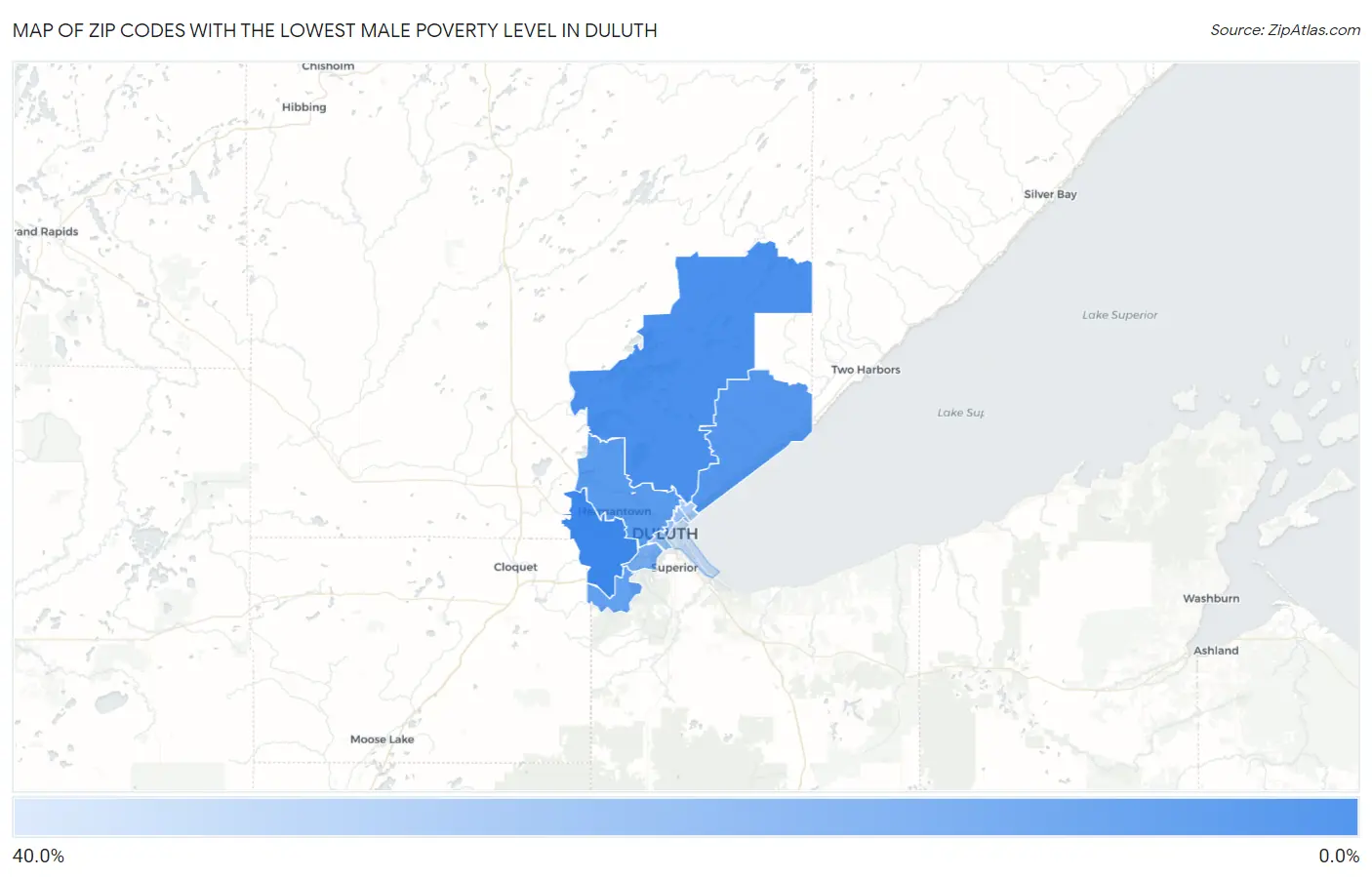 Zip Codes with the Lowest Male Poverty Level in Duluth Map