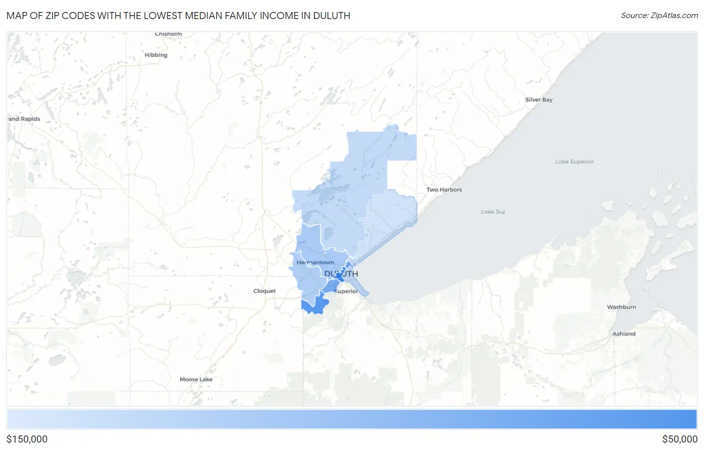 Zip Codes with the Lowest Median Family Income in Duluth Map