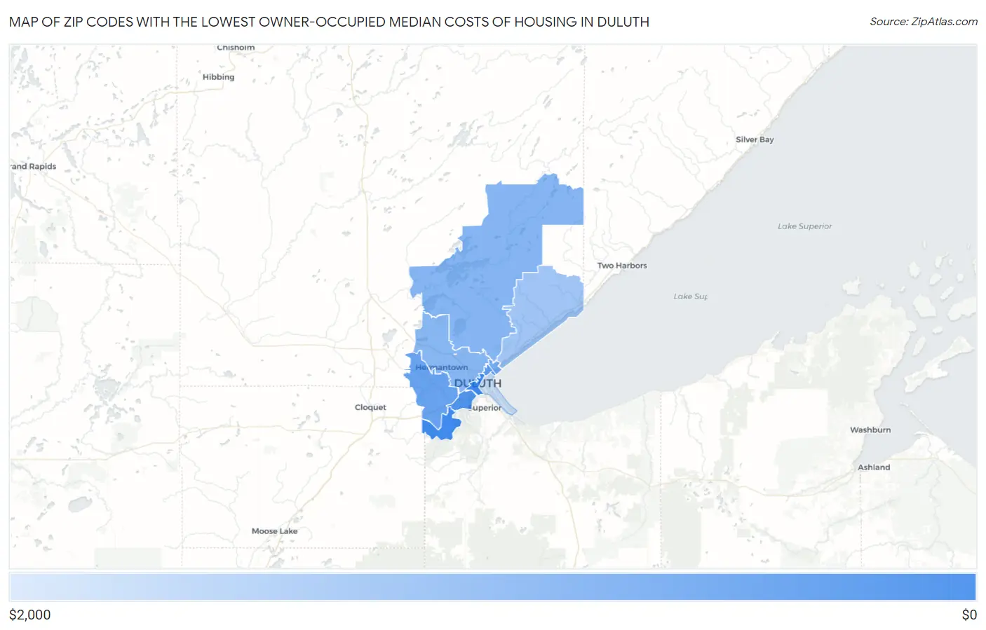 Zip Codes with the Lowest Owner-Occupied Median Costs of Housing in Duluth Map