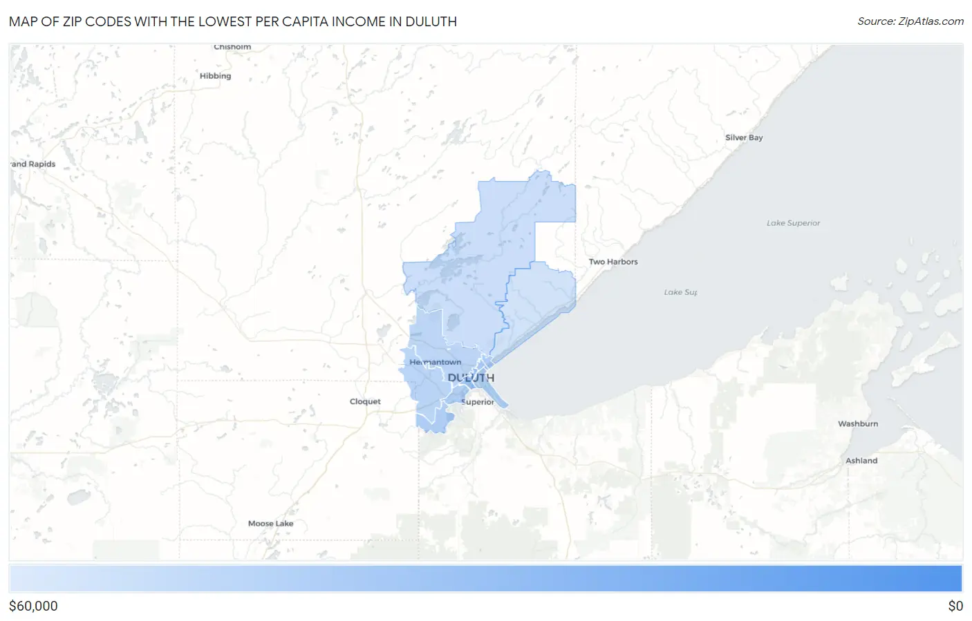 Zip Codes with the Lowest Per Capita Income in Duluth Map