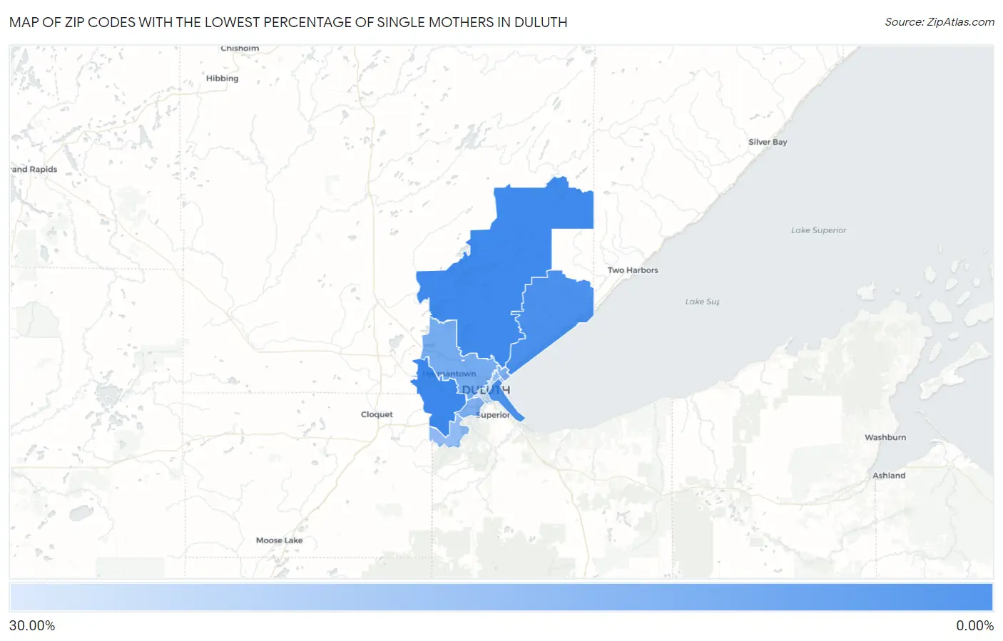 Zip Codes with the Lowest Percentage of Single Mothers in Duluth Map
