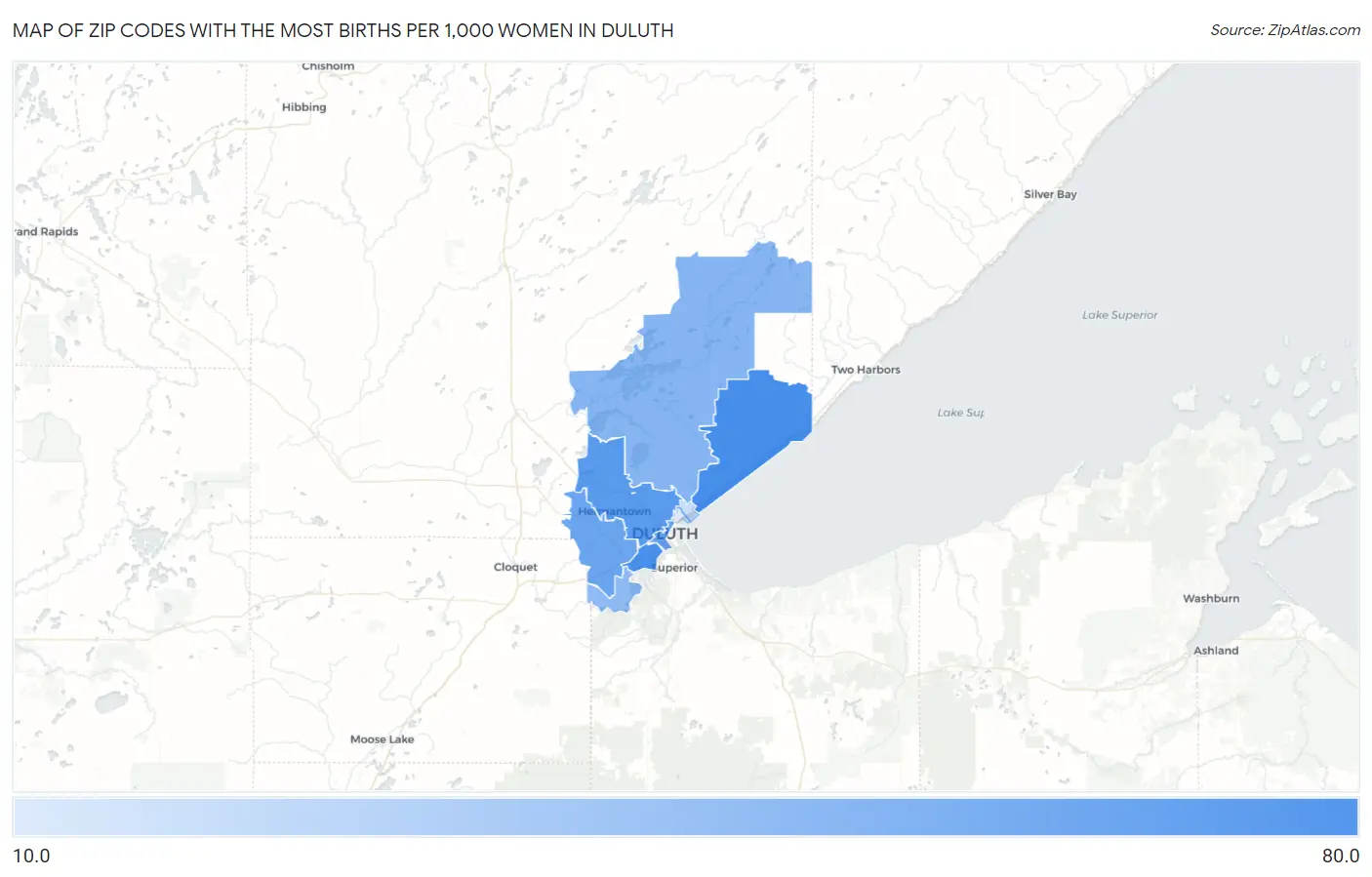 Zip Codes with the Most Births per 1,000 Women in Duluth Map