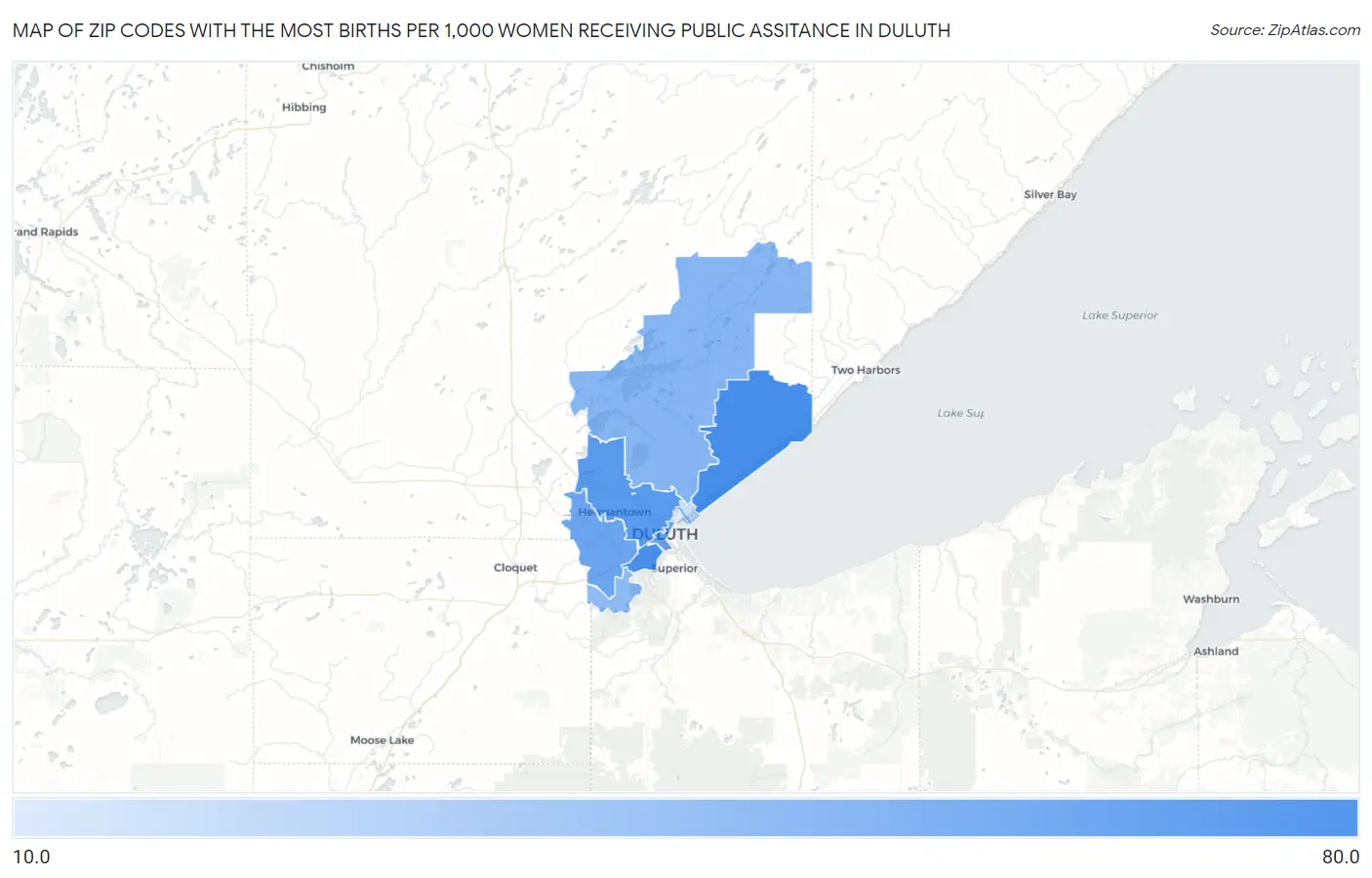 Zip Codes with the Most Births per 1,000 Women Receiving Public Assitance in Duluth Map