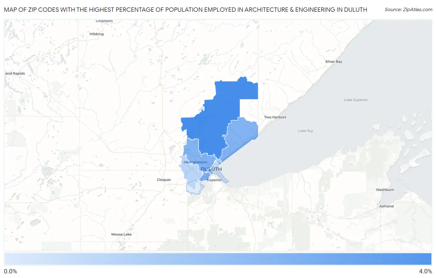 Zip Codes with the Highest Percentage of Population Employed in Architecture & Engineering in Duluth Map