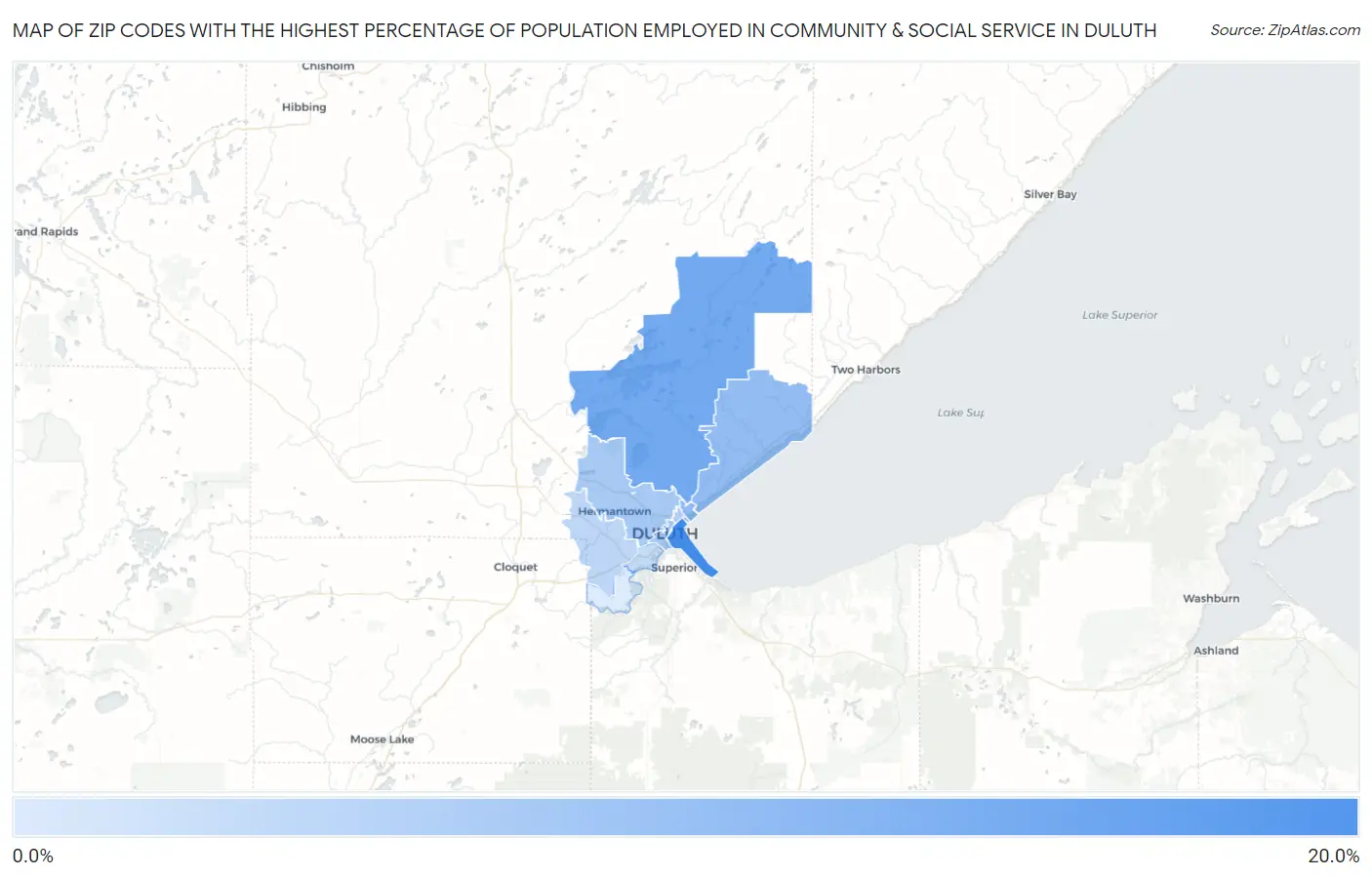 Zip Codes with the Highest Percentage of Population Employed in Community & Social Service  in Duluth Map