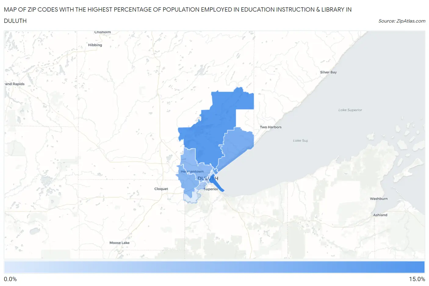 Zip Codes with the Highest Percentage of Population Employed in Education Instruction & Library in Duluth Map