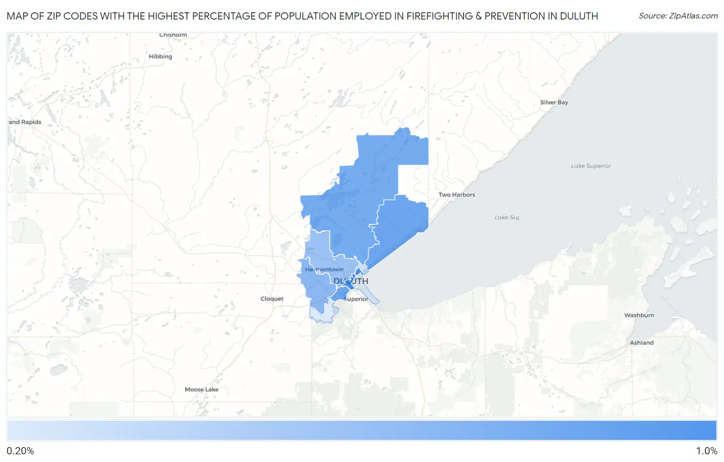 Zip Codes with the Highest Percentage of Population Employed in Firefighting & Prevention in Duluth Map