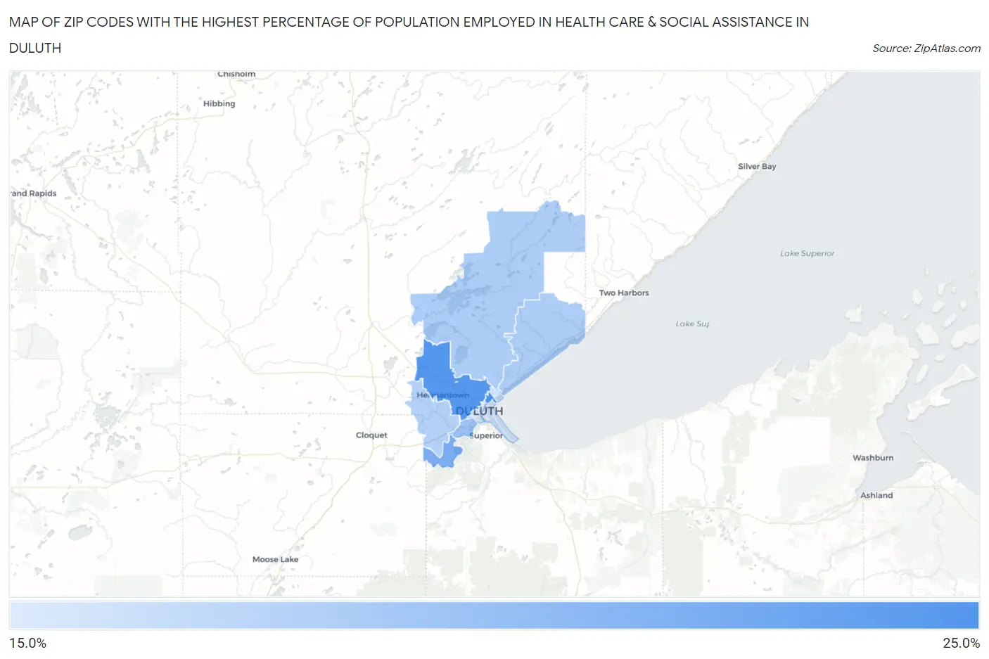 Zip Codes with the Highest Percentage of Population Employed in Health Care & Social Assistance in Duluth Map