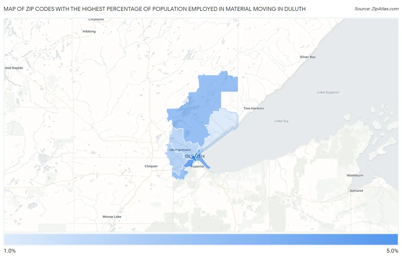 Zip Codes with the Highest Percentage of Population Employed in Material Moving in Duluth Map