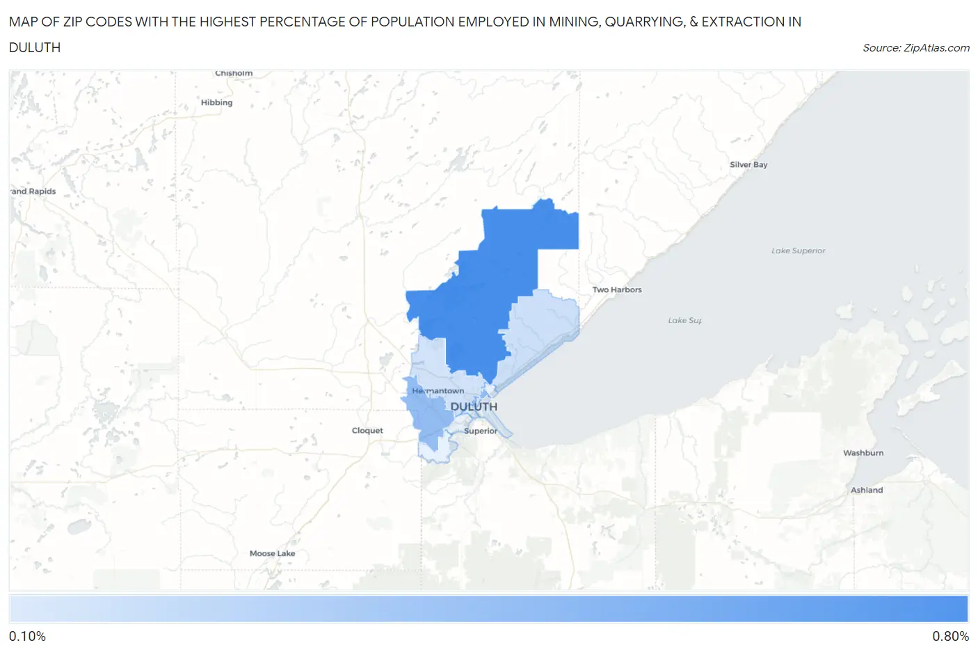 Zip Codes with the Highest Percentage of Population Employed in Mining, Quarrying, & Extraction in Duluth Map