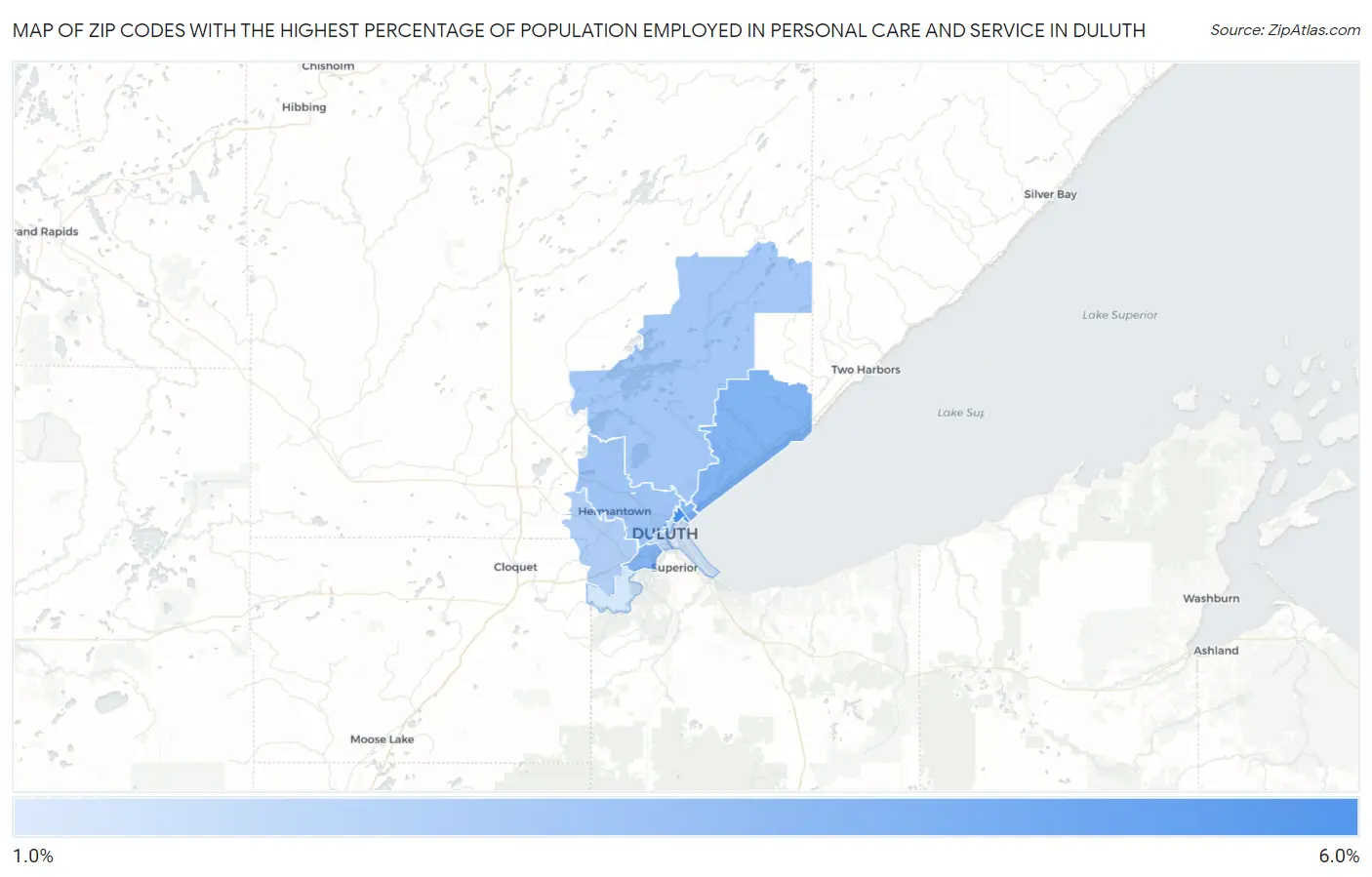 Zip Codes with the Highest Percentage of Population Employed in Personal Care and Service in Duluth Map