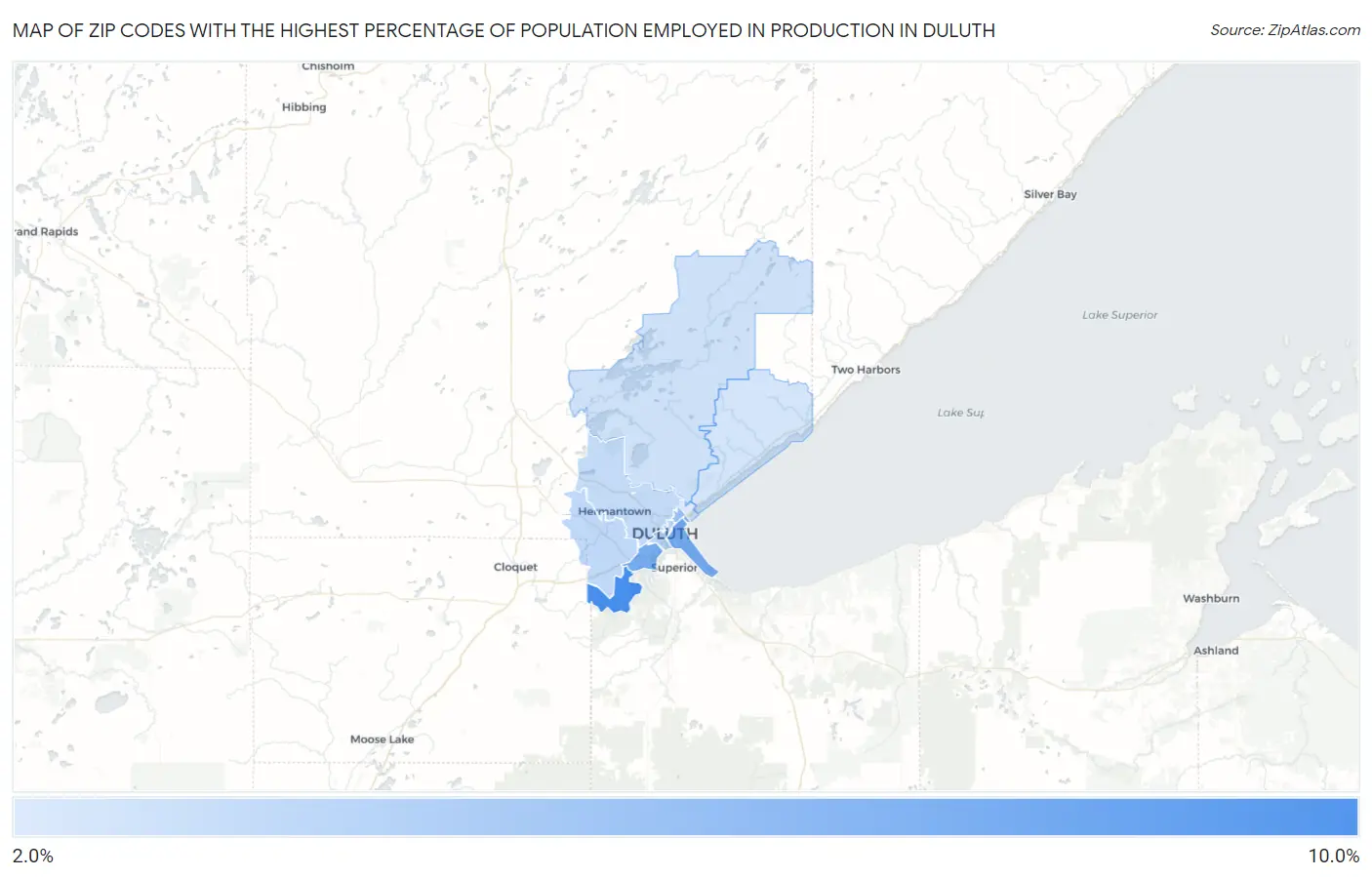 Zip Codes with the Highest Percentage of Population Employed in Production in Duluth Map