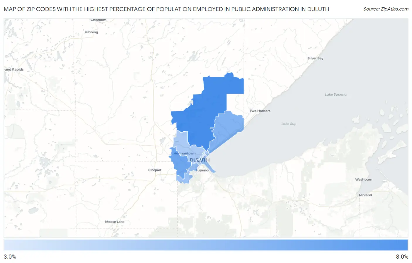 Zip Codes with the Highest Percentage of Population Employed in Public Administration in Duluth Map