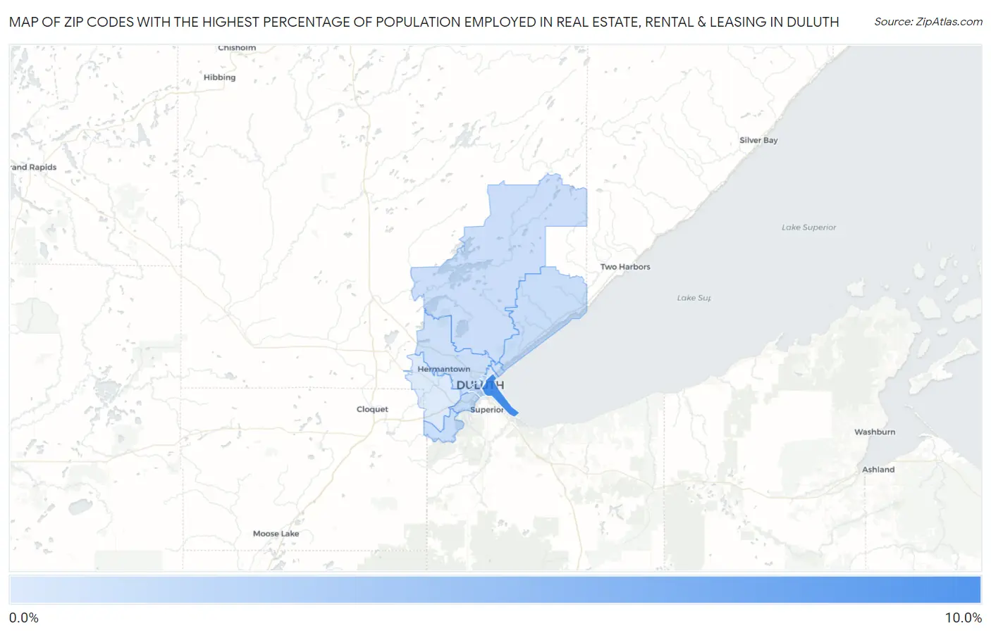 Zip Codes with the Highest Percentage of Population Employed in Real Estate, Rental & Leasing in Duluth Map