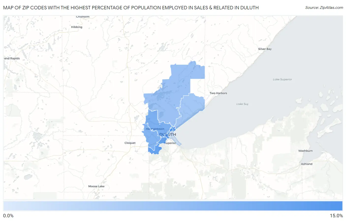 Zip Codes with the Highest Percentage of Population Employed in Sales & Related in Duluth Map