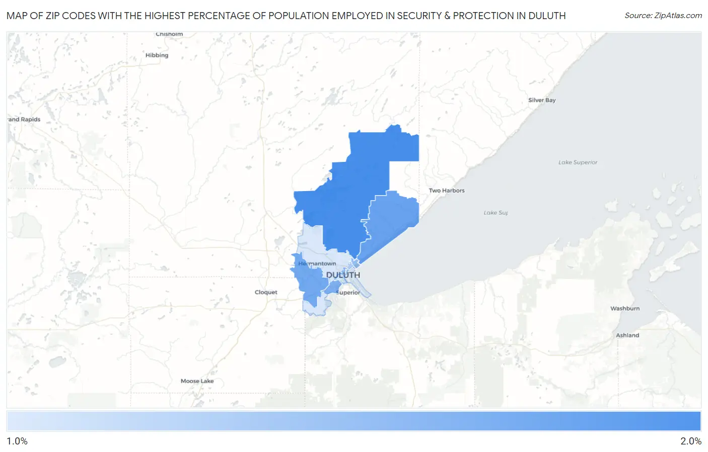 Zip Codes with the Highest Percentage of Population Employed in Security & Protection in Duluth Map