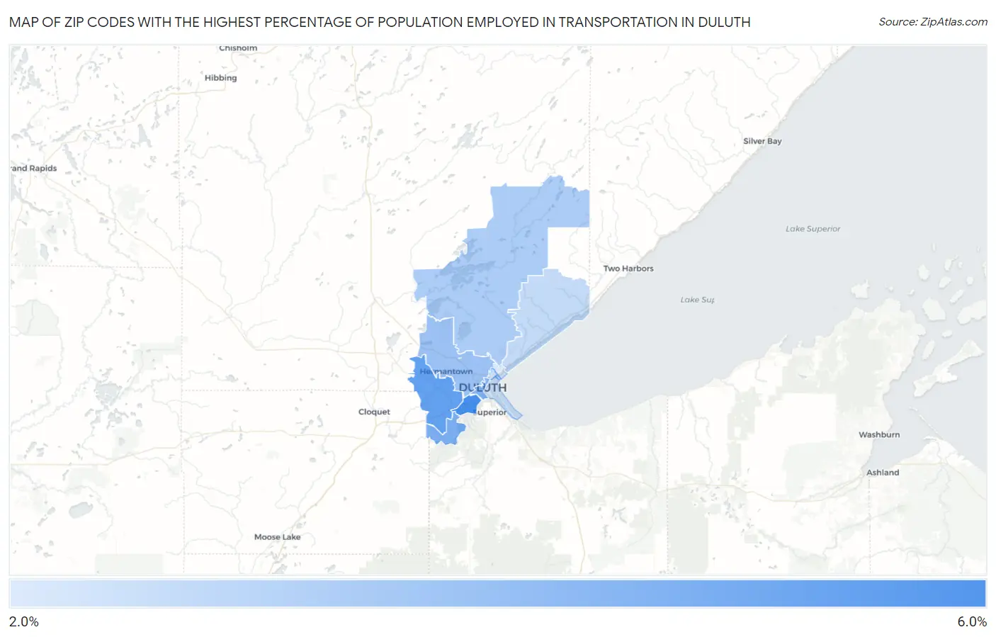 Zip Codes with the Highest Percentage of Population Employed in Transportation in Duluth Map