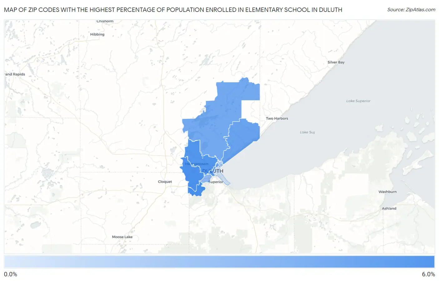 Zip Codes with the Highest Percentage of Population Enrolled in Elementary School in Duluth Map