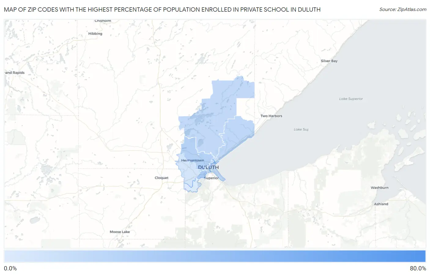 Zip Codes with the Highest Percentage of Population Enrolled in Private School in Duluth Map