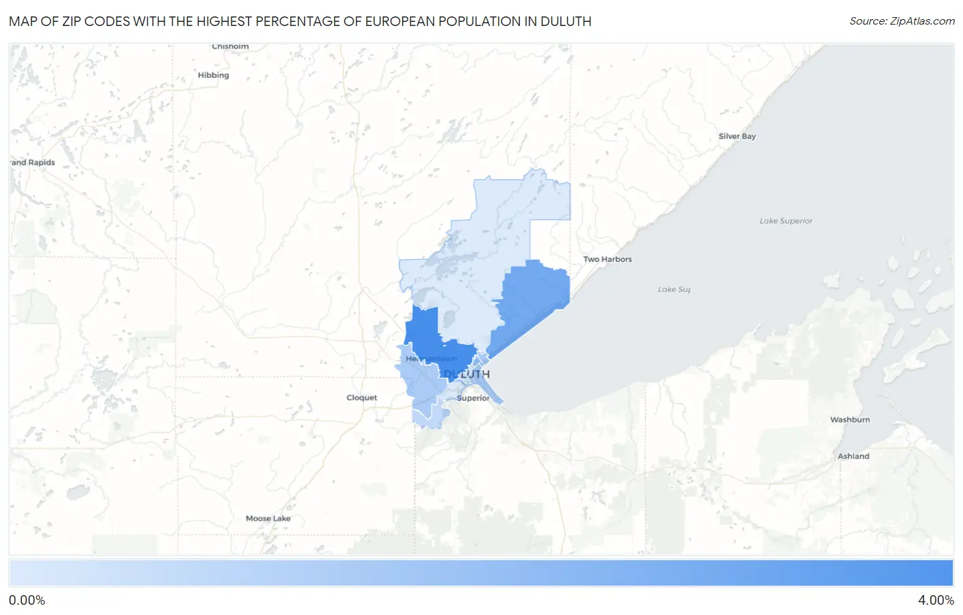 Zip Codes with the Highest Percentage of European Population in Duluth Map