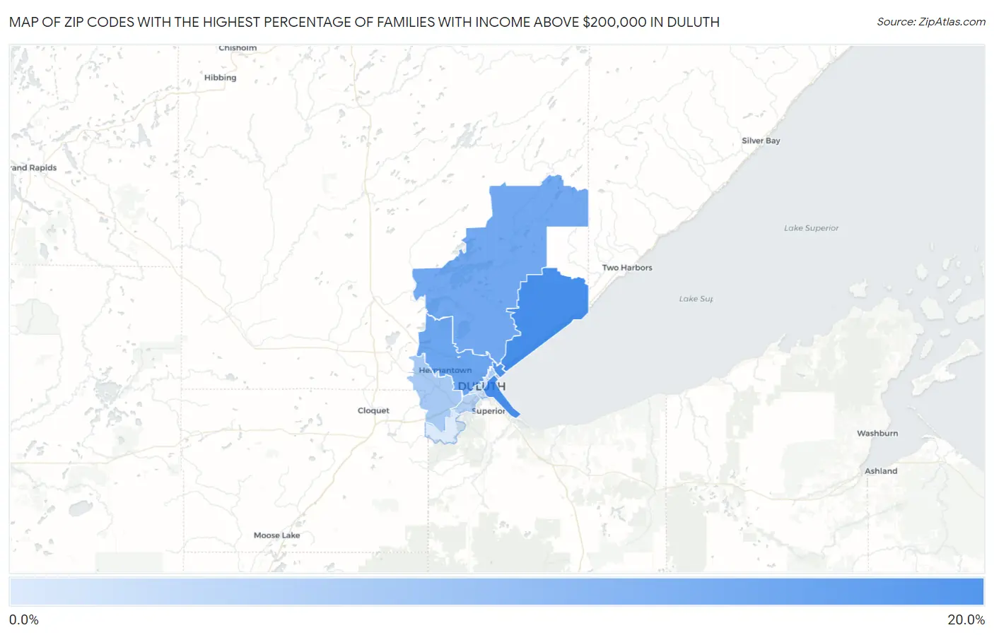 Zip Codes with the Highest Percentage of Families with Income Above $200,000 in Duluth Map